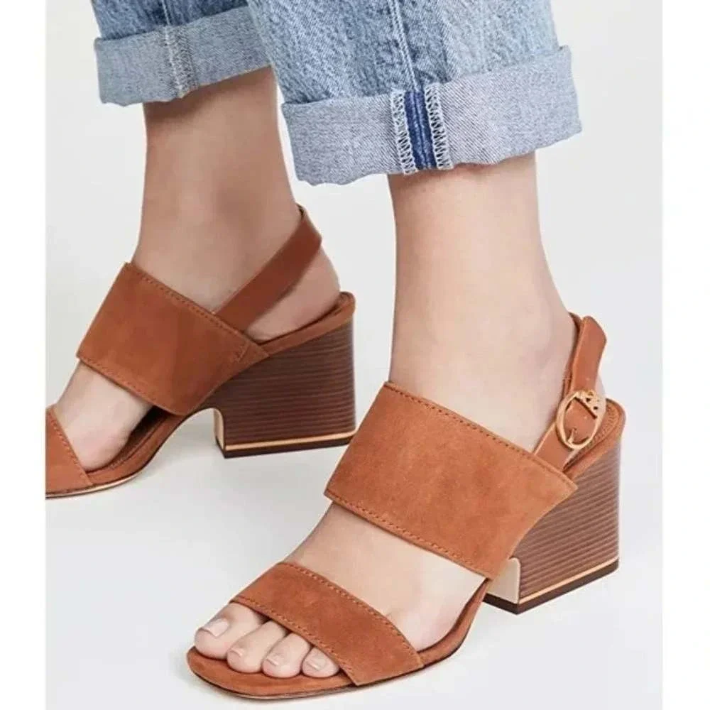 Tory Burch Tan Suede‎ Block Heel Slingback Sandals Gold Logo Buckle Womens 8M